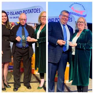 Boyd Rose, East Point Potato and RA Rose & Sons, receives award from Katie MacLennan, chair of the PEI Potato Board.  Pat Quilty, Potato Quality Institute, receives award from Rebecca MacSwain (left) and Katie MacLennan (right).  