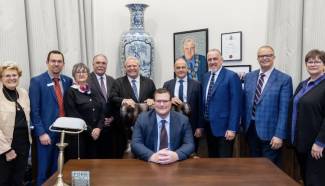 Setting the stage for ongoing advocacy in 2026, directors and staff of the Ontario Fruit and Vegetable Growers’ Association visited Queen’s Park on November 18, including the office of Premier Rob Ford. L-R:  Joann Chechalk, Gordon Stock, Alison Robertson, Steve Peters, Premier Rob Ford, Shawn Brenn, Bill George, Morris Gervais, Jan VanderHout, Tracy Gubbels. Photo courtesy Government of Ontario. 