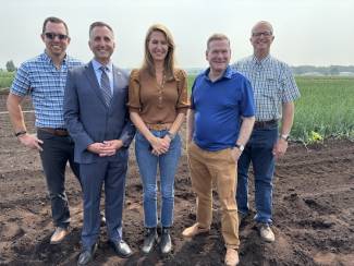 The Ontario Crops Research Station – Bradford hosted several Ontario ministers in August 2025. Pictured here, L-R:  Gordon Stock, Senior Policy Advisor and Government Relations, OFVGA; Hon. Trevor Jones, Ontario Minister of Agriculture and Food, Agribusiness; Hon. Caroline Mulroney, President of Ontario Treasury Board; Hon. Todd McCarthy, Minister of Environment; Jan VanderHout, Chair, Environment and Conservation Committee, OFVGA.  