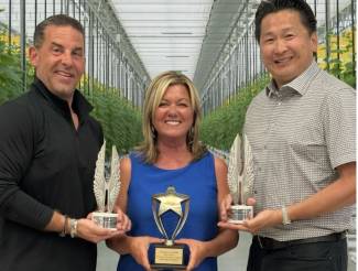 L-R:  Tony Coppola, chair, OGVG Marketing Committee (Coppola Farms), Rachel Boucher (OGVG), Richard Lee (OGVG).