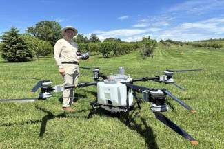 This drone was demonstrated at an Ontario Hazelnut Association field day near Uxbridge, Ontario. 