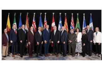 Federal, Provincial and Territorial Ministers of Agriculture at their annual conference in Halifax, Nova Scotia. L-R:  Hon. Craig Simailak, Minister of Community Services (Nunavut)  Hon. Ted Laking, Minister of Energy, Mines and Resources (Yukon)  Hon. Bloyce Thompson, Minister of Agriculture (Prince Edward Island)  Hon. Ron Kostyshyn, Minister of Agriculture (Manitoba)  Hon. Trevor Jones, Minister of Agriculture, Food and Agribusiness (Ontario)  Hon. Greg Morrow, Minister of Agriculture (Co-Chair) (Nova Sc