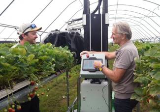 Berry grower Kevin Howe (left) discusses progress of field trials at his Aylmer, Ontario farm with Konrad Konnerth, CEO of KONNEXIO.