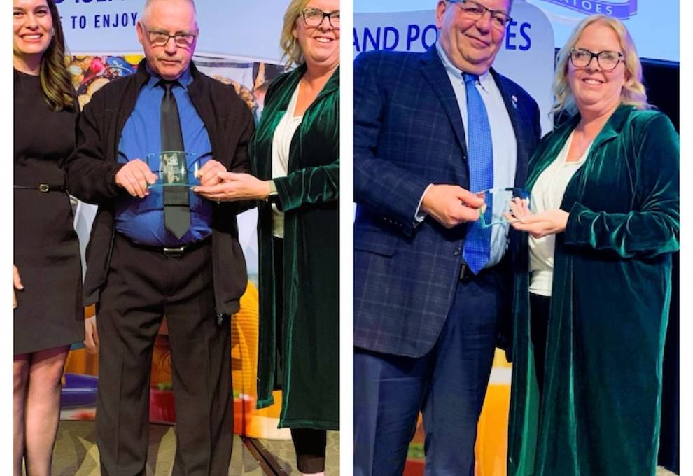 Boyd Rose, East Point Potato and RA Rose & Sons, receives award from Katie MacLennan, chair of the PEI Potato Board.  Pat Quilty, Potato Quality Institute, receives award from Rebecca MacSwain (left) and Katie MacLennan (right).  