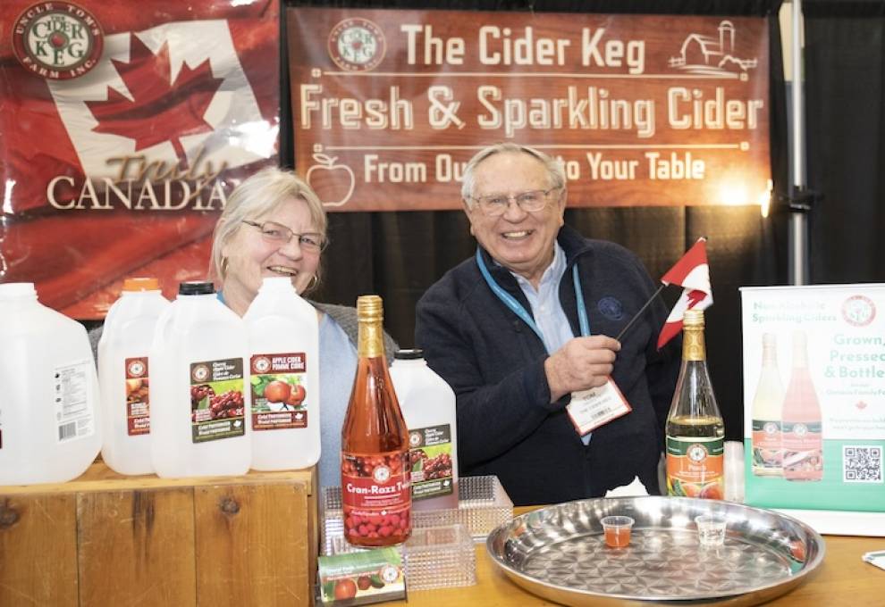 The Cider Keg, Vanessa, Ontario produces sparkling ciders that have broad distribution across southern Ontario. Here, Tom Haskett and his assistant showcase their wares at the 2025 Ontario Fruit and Vegetable Convention.