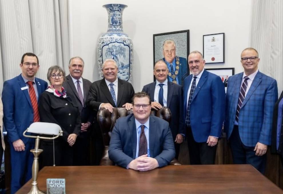 Setting the stage for ongoing advocacy in 2026, directors and staff of the Ontario Fruit and Vegetable Growers’ Association visited Queen’s Park on November 18, including the office of Premier Rob Ford. L-R:  Joann Chechalk, Gordon Stock, Alison Robertson, Steve Peters, Premier Rob Ford, Shawn Brenn, Bill George, Morris Gervais, Jan VanderHout, Tracy Gubbels. Photo courtesy Government of Ontario. 
