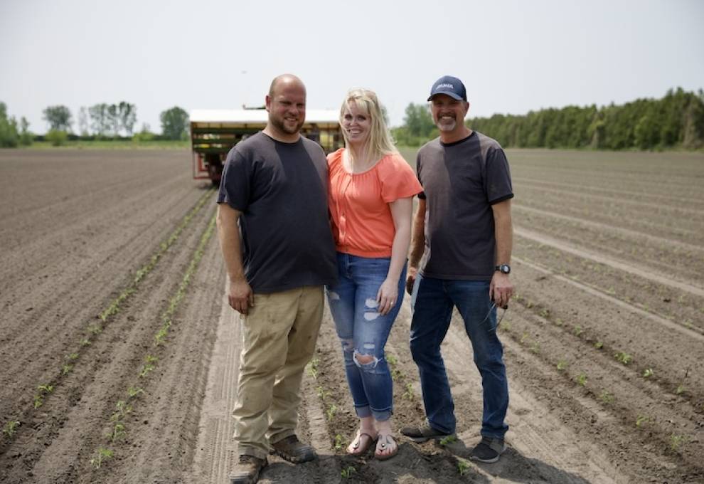 L-R: Adrien, Nicole, and Luc Pinsonneault give Canadians a behind-the-scenes look at how tomatoes are grown and harvested on their farm for processing.