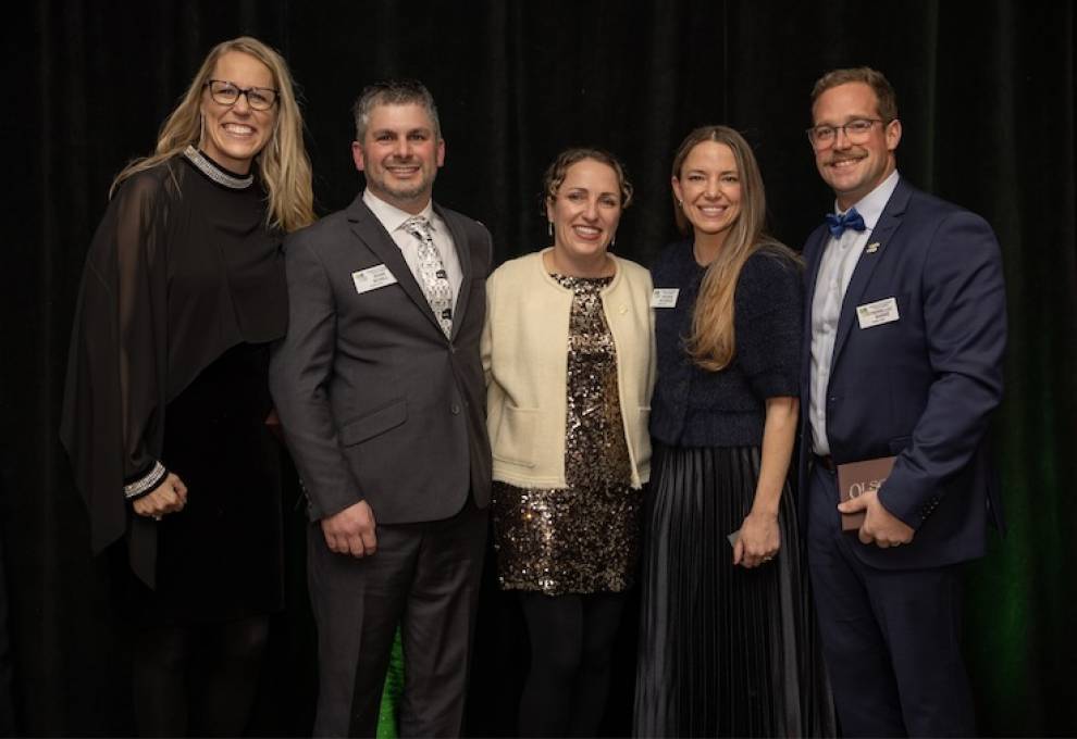 L-R:   Amy Cronin, president, COYF; Ryan and Romy Schill, Wallenstein, Ontario and Virginie Bourque and Pierre Luc Barré, La Ferme Yves Barré Inc, St. Damase, Québec.