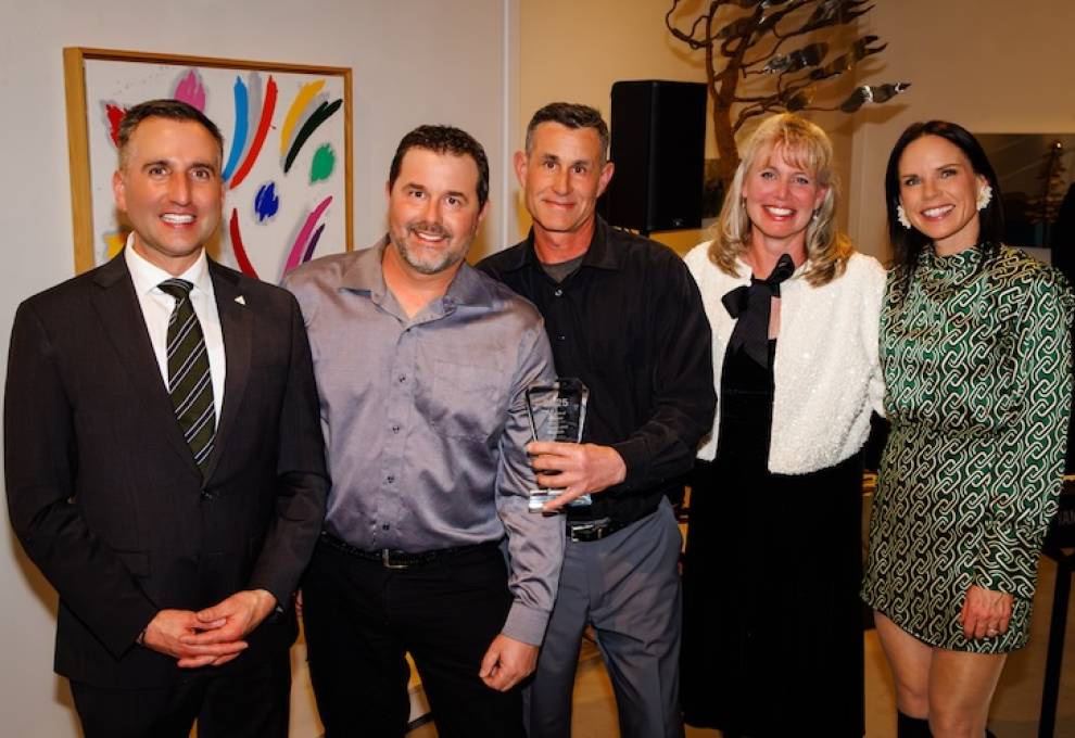 L-R: Hon. Trevor Jones, Dan Muzylowsky (owner Apple Land Station), Randy Muzylowsky (owner Apple Land Station), Amy Strom (AO board member) and Darlene Downey (AO board member).