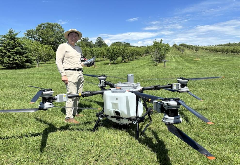 This drone was demonstrated at an Ontario Hazelnut Association field day near Uxbridge, Ontario. 