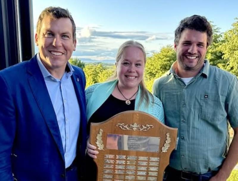 Kody Blois (L), MP Kings-Hants, congratulates Katie Campbell and William Spurr on winning Atlantic Canada’s 2025 Outstanding Young Farmers’ competition. 