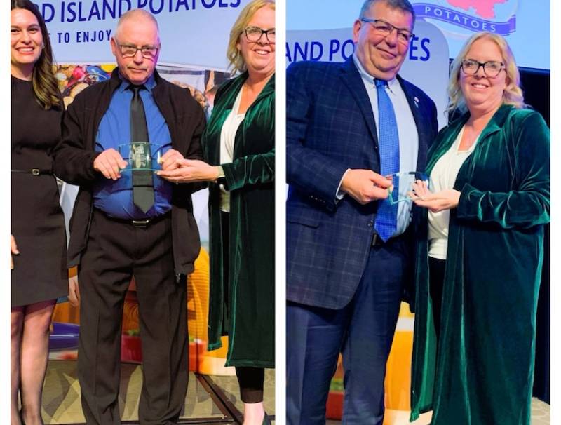Boyd Rose, East Point Potato and RA Rose & Sons, receives award from Katie MacLennan, chair of the PEI Potato Board.  Pat Quilty, Potato Quality Institute, receives award from Rebecca MacSwain (left) and Katie MacLennan (right).  