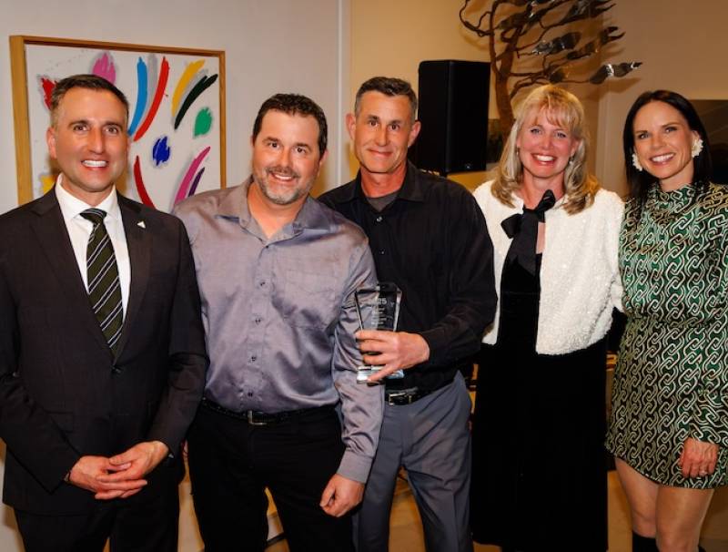L-R: Hon. Trevor Jones, Dan Muzylowsky (owner Apple Land Station), Randy Muzylowsky (owner Apple Land Station), Amy Strom (AO board member) and Darlene Downey (AO board member).